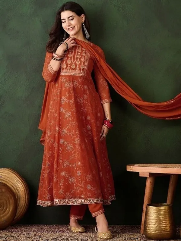 Orange_Georgette_Anarkali_Foil_Printed_Kurta_Set_For_Women