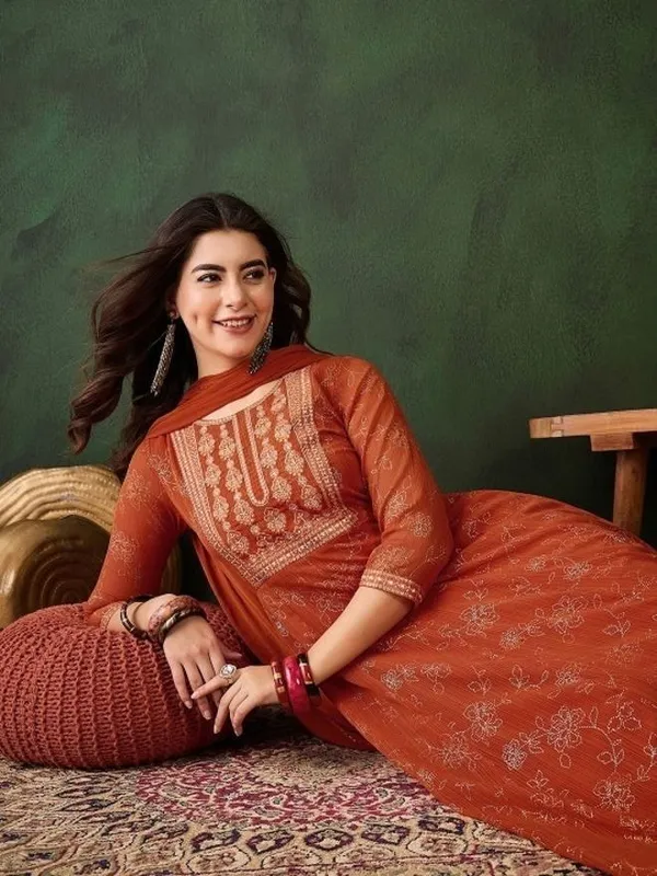 Orange_Georgette_Anarkali_Foil_Printed_Kurta_Set_For_Women