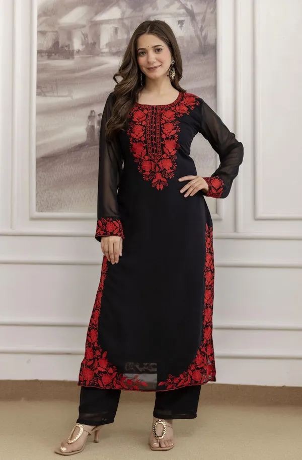 Black_Georgette_Straight_Embroidered_Kurta_Set_For_Women