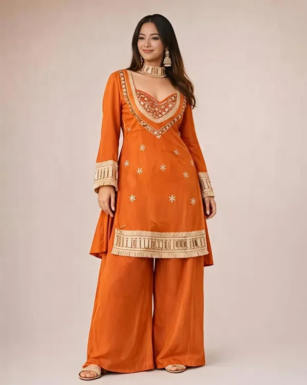 Orange_Silk_Blend_Mirror_Embroidered_Kurta_Palazzo_Set_For_Women