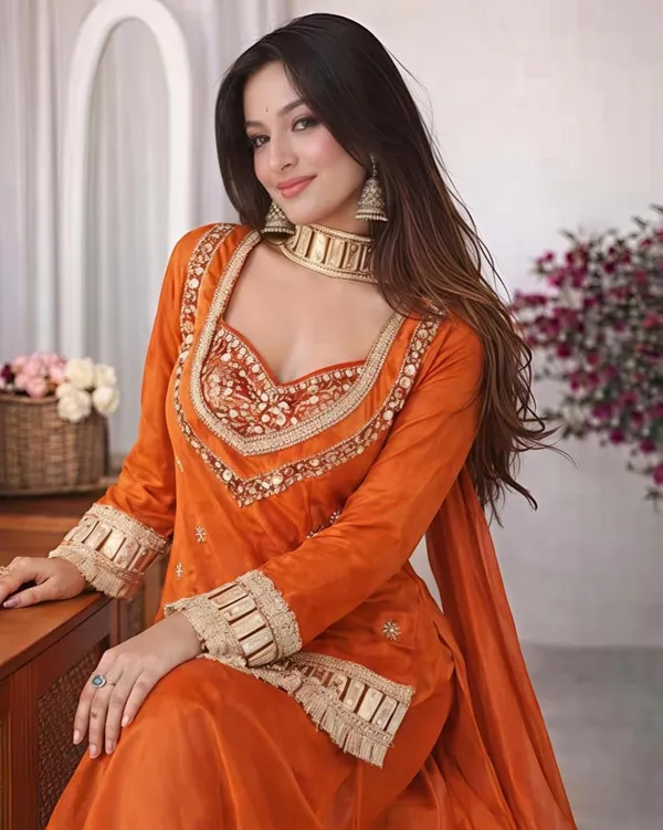 Orange_Silk_Blend_Mirror_Embroidered_Kurta_Palazzo_Set_For_Women