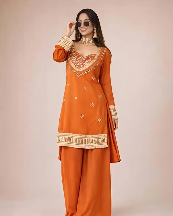 Orange_Silk_Blend_Mirror_Embroidered_Kurta_Palazzo_Set_For_Women