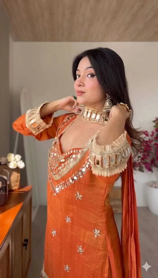 Orange_Silk_Blend_Mirror_Embroidered_Kurta_Palazzo_Set_For_Women