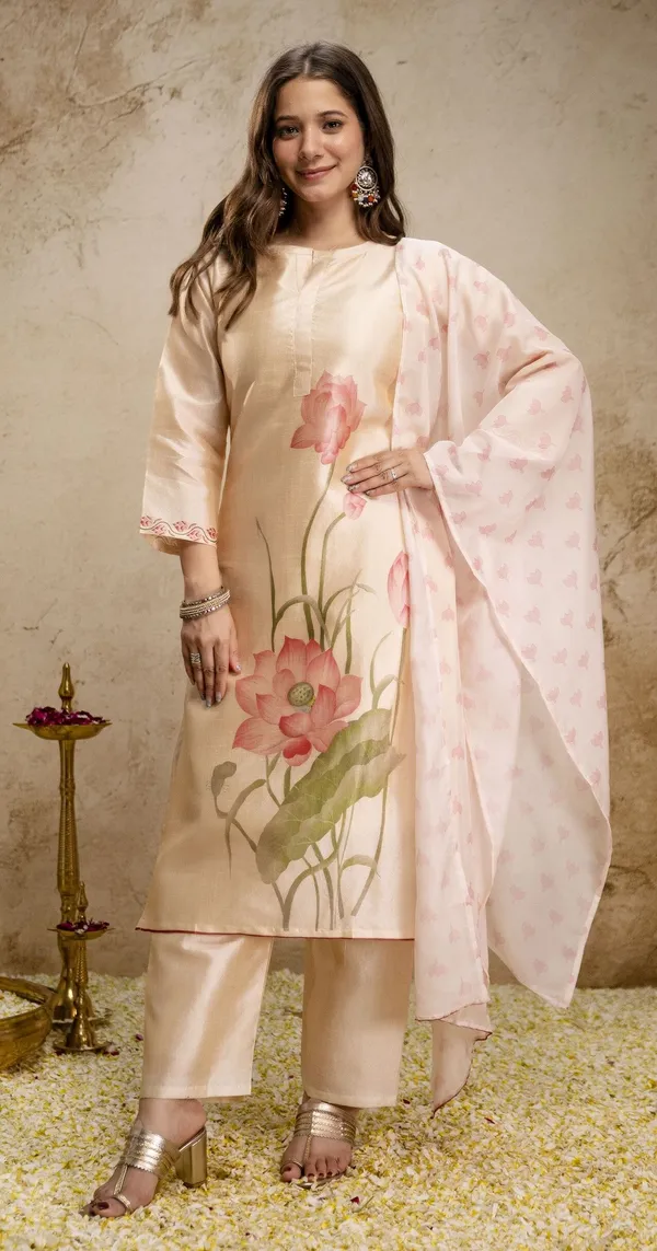 Beige_Silk_Blend_Straight_Floral_Print_Kurta_Set_For_Women