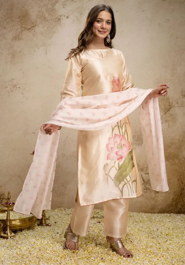 Beige_Silk_Blend_Straight_Floral_Print_Kurta_Set_For_Women