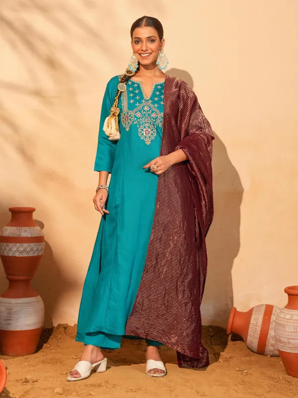 Light_Blue_Silk_Blend_Embroidered_Kurta_Pant_Dupatta_Set_For_Women