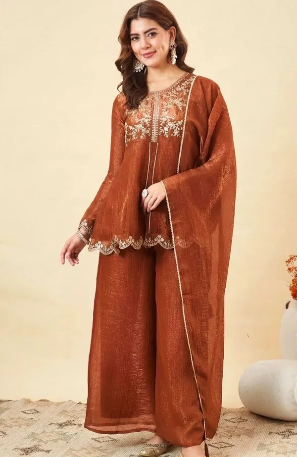 Rust_Orange_Silk_Blend_Straight_Embroidered_Kurta_Set_For_Women