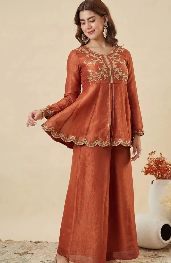 Rust_Orange_Silk_Blend_Straight_Embroidered_Kurta_Set_For_Women
