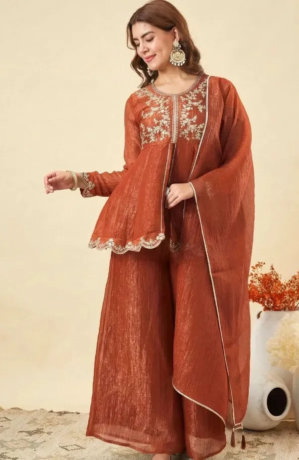 Rust_Orange_Silk_Blend_Straight_Embroidered_Kurta_Set_For_Women