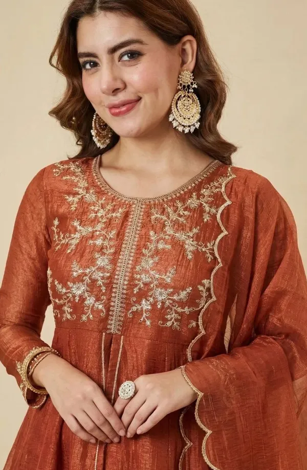 Rust_Orange_Silk_Blend_Straight_Embroidered_Kurta_Set_For_Women