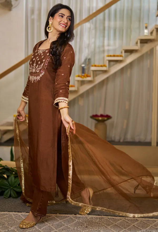 Brown_Art_Silk_Straight_Embroidered_Kurta_Set_For_Women