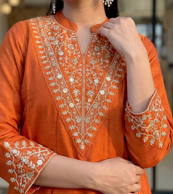 Orange_Art_Silk_Embroidered_Kurta_Palazzo_Set_For_Women