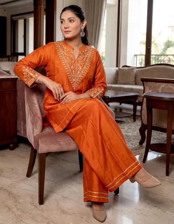 Orange_Art_Silk_Embroidered_Kurta_Palazzo_Set_For_Women