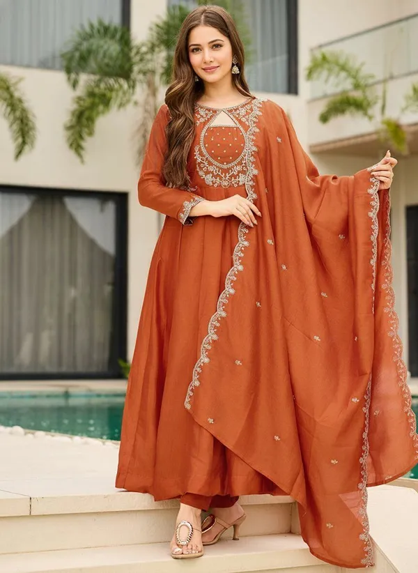 Orange_Art_Silk_Anarkali_Embroidered_Kurta_Set_For_Women
