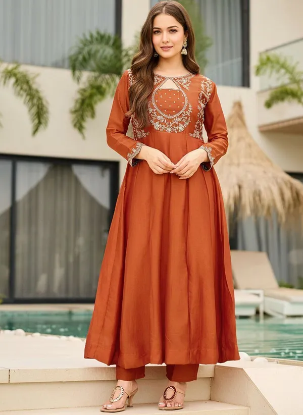 Orange_Art_Silk_Anarkali_Embroidered_Kurta_Set_For_Women