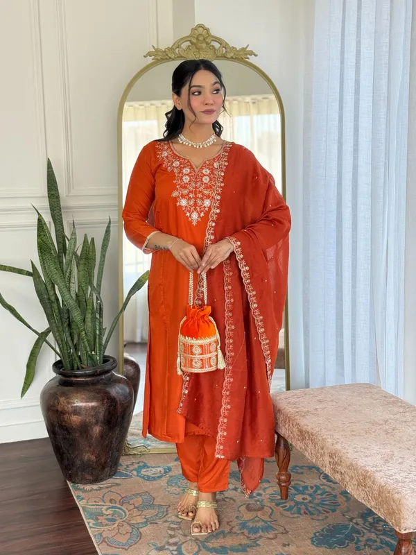 Orange_Viscose_Chinon_Straight_Embroidered_Kurta_Set_For_Women