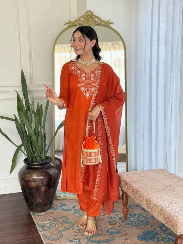 Orange_Viscose_Chinon_Straight_Embroidered_Kurta_Set_For_Women