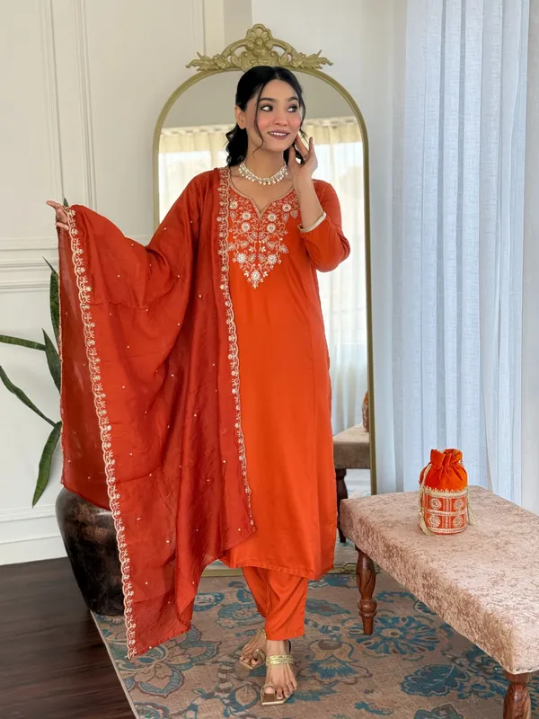 Orange_Viscose_Chinon_Straight_Embroidered_Kurta_Set_For_Women