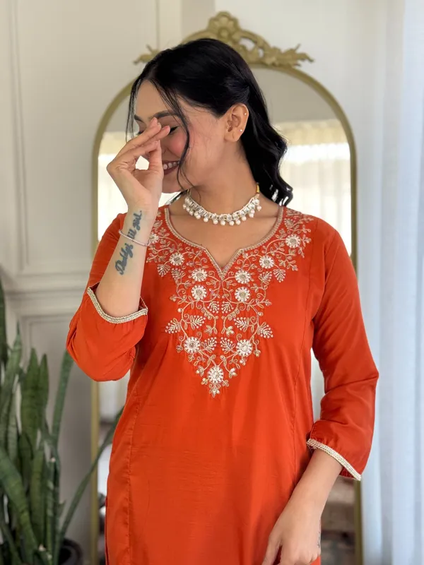 Orange_Viscose_Chinon_Straight_Embroidered_Kurta_Set_For_Women