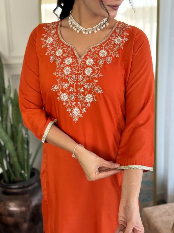 Orange_Viscose_Chinon_Straight_Embroidered_Kurta_Set_For_Women