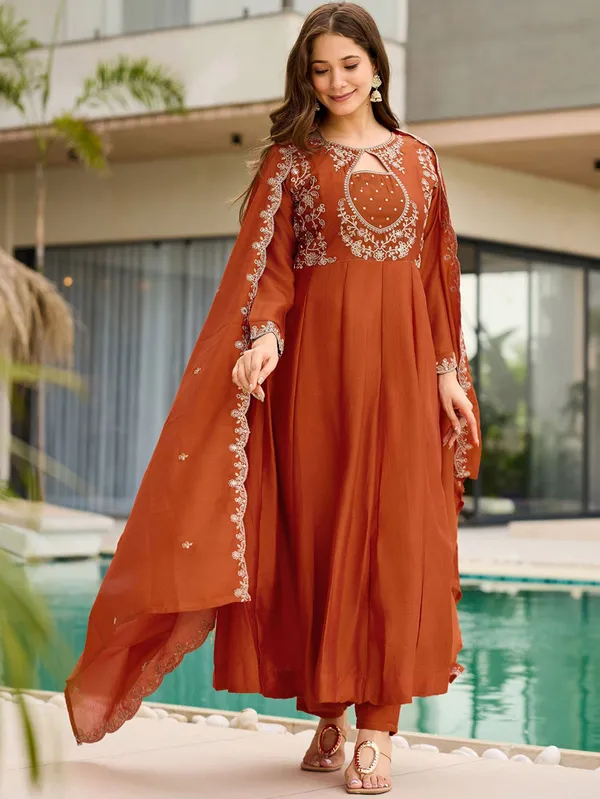 Orange_Art_Silk_Embroidered_Anarkali_Kurta_Set_For_Women