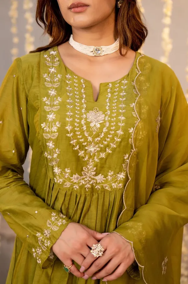 Yellow_Chanderi_Silk_Embroidered_Flared_Kurta_Set_For_Women