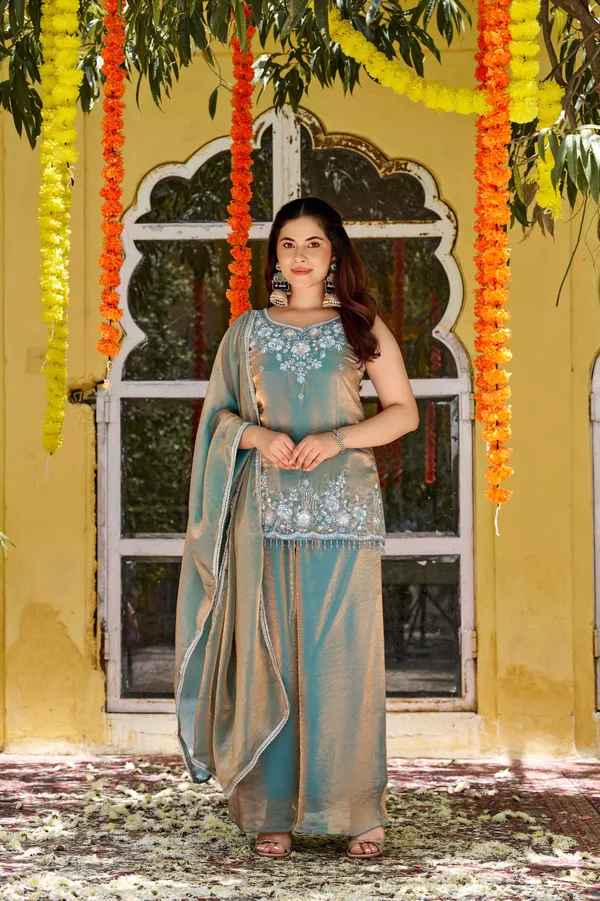 Green_Satin_Sleeveless_Bead_Embroidered_Kurti_Sharara_Set_For_Women