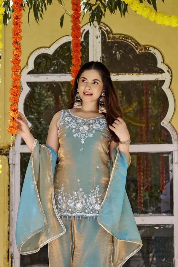 Green_Satin_Sleeveless_Bead_Embroidered_Kurti_Sharara_Set_For_Women