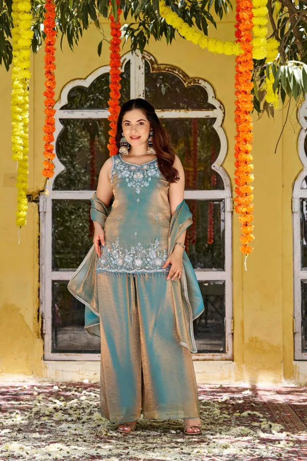Green_Satin_Sleeveless_Bead_Embroidered_Kurti_Sharara_Set_For_Women