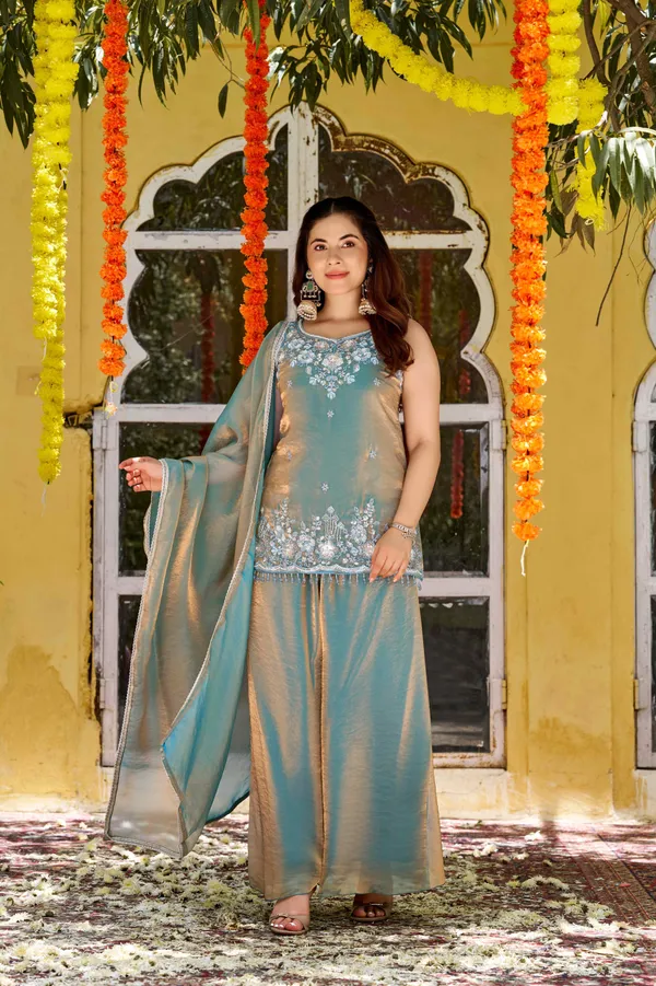 Green_Satin_Sleeveless_Bead_Embroidered_Kurti_Sharara_Set_For_Women