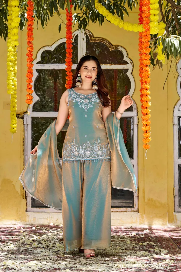 Green_Satin_Sleeveless_Bead_Embroidered_Kurti_Sharara_Set_For_Women