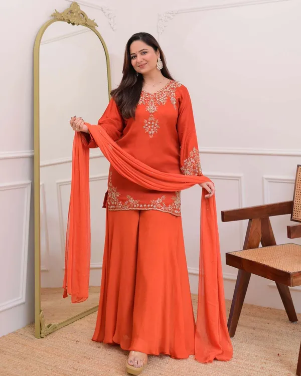 Orange_Crepe_Zari_Embroidered_V-Neck_Kurta_Palazzo_Set_For_Women
