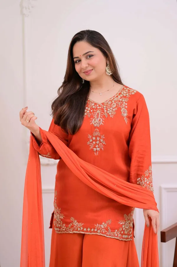 Orange_Crepe_Zari_Embroidered_V-Neck_Kurta_Palazzo_Set_For_Women