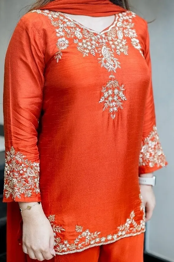 Orange_Crepe_Zari_Embroidered_V-Neck_Kurta_Palazzo_Set_For_Women