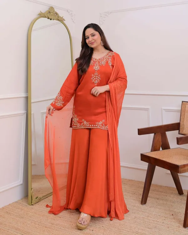 Orange_Crepe_Zari_Embroidered_V-Neck_Kurta_Palazzo_Set_For_Women