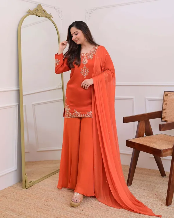 Orange_Crepe_Zari_Embroidered_V-Neck_Kurta_Palazzo_Set_For_Women