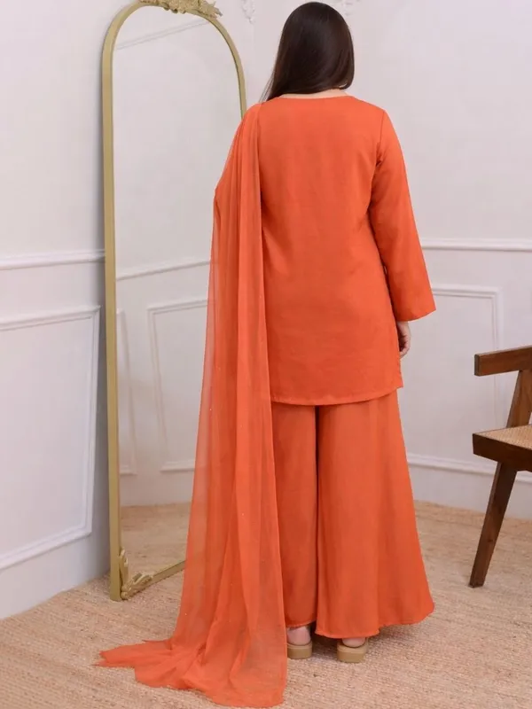 Orange_Crepe_Zari_Embroidered_V-Neck_Kurta_Palazzo_Set_For_Women