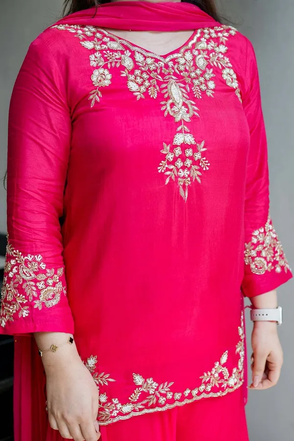 Pink_Crepe_Zari_Embroidered_Keyhole_Neck_Kurta_Sharara_Set_For_Women