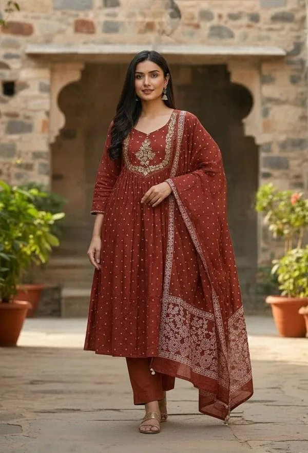 Orange_Pure_Cotton_A-Line_Zari_Embroidered_Kurta_Set_For_Women