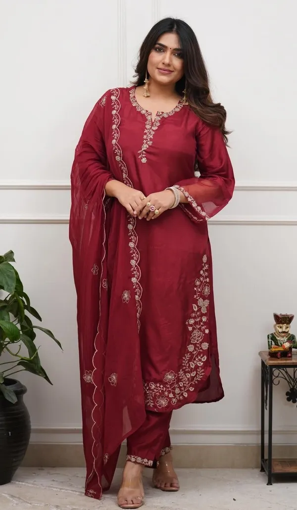 Maroon_Chanderi_Straight_Zari_Embroidered_Kurta_Pant_Set_For_Women