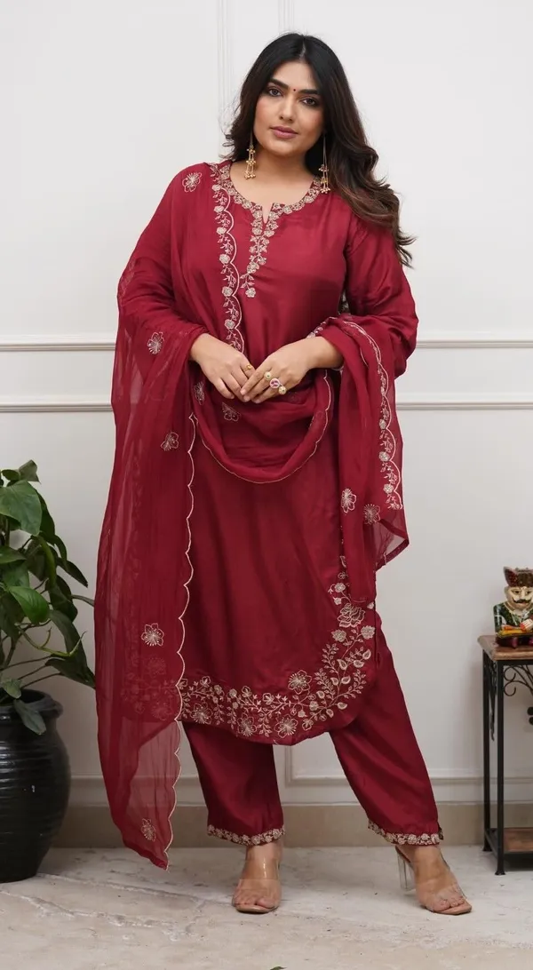 Maroon_Chanderi_Straight_Zari_Embroidered_Kurta_Pant_Set_For_Women