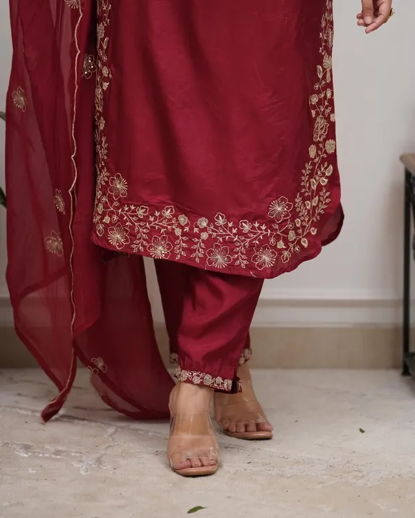 Maroon_Chanderi_Straight_Zari_Embroidered_Kurta_Pant_Set_For_Women