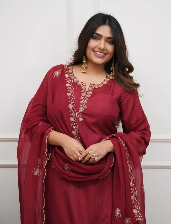 Maroon_Chanderi_Straight_Zari_Embroidered_Kurta_Pant_Set_For_Women