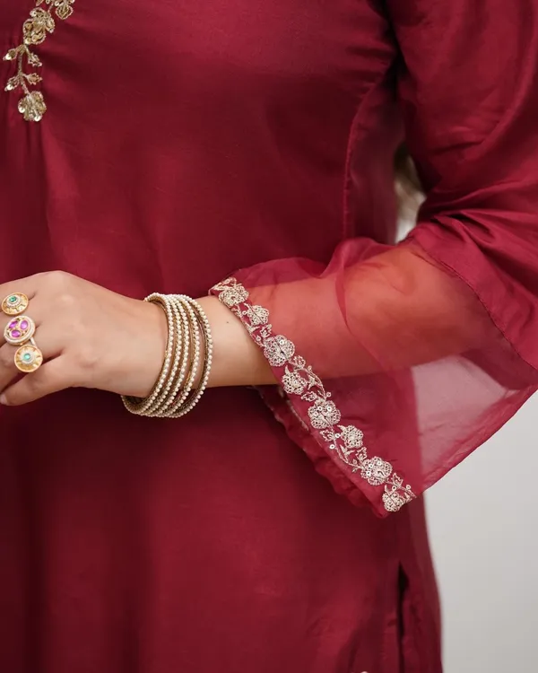 Maroon_Chanderi_Straight_Zari_Embroidered_Kurta_Pant_Set_For_Women