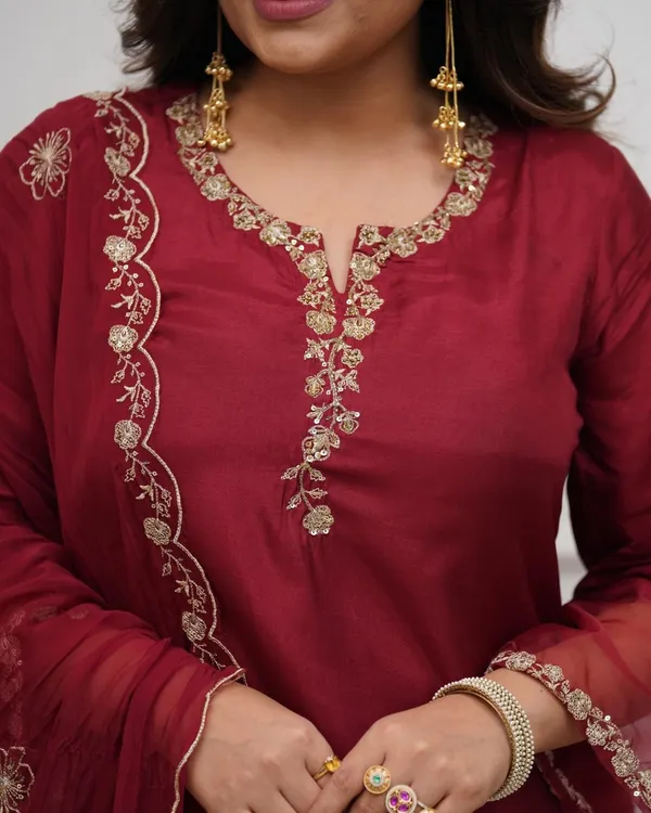 Maroon_Chanderi_Straight_Zari_Embroidered_Kurta_Pant_Set_For_Women