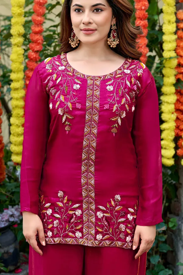 Pink_Satin_Sleeveless_Sequin_Embroidered_Kurti_Sharara_Set_For_Women