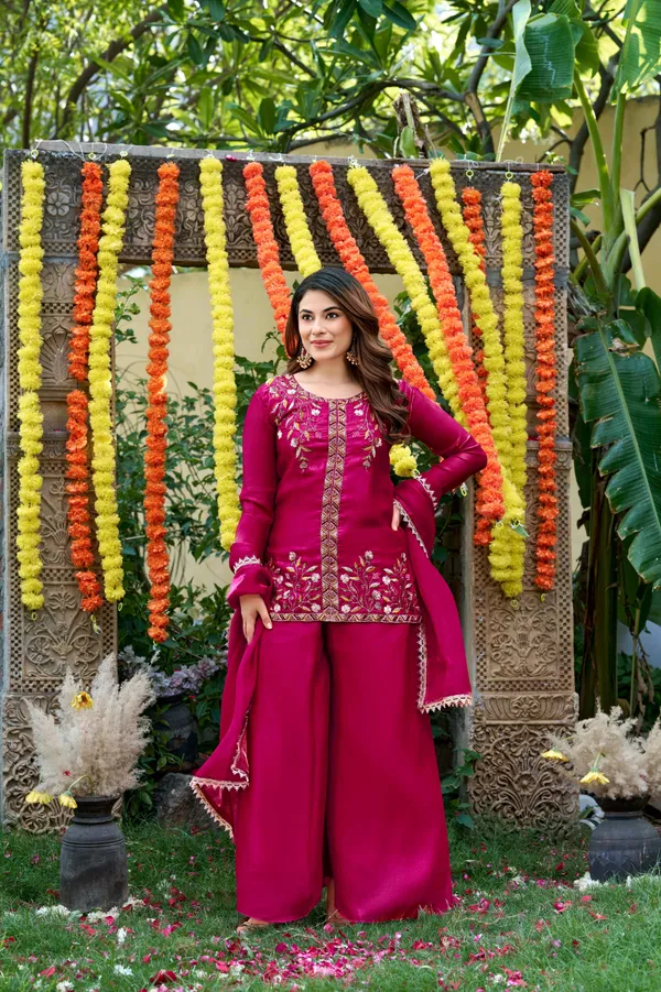 Pink_Satin_Sleeveless_Sequin_Embroidered_Kurti_Sharara_Set_For_Women