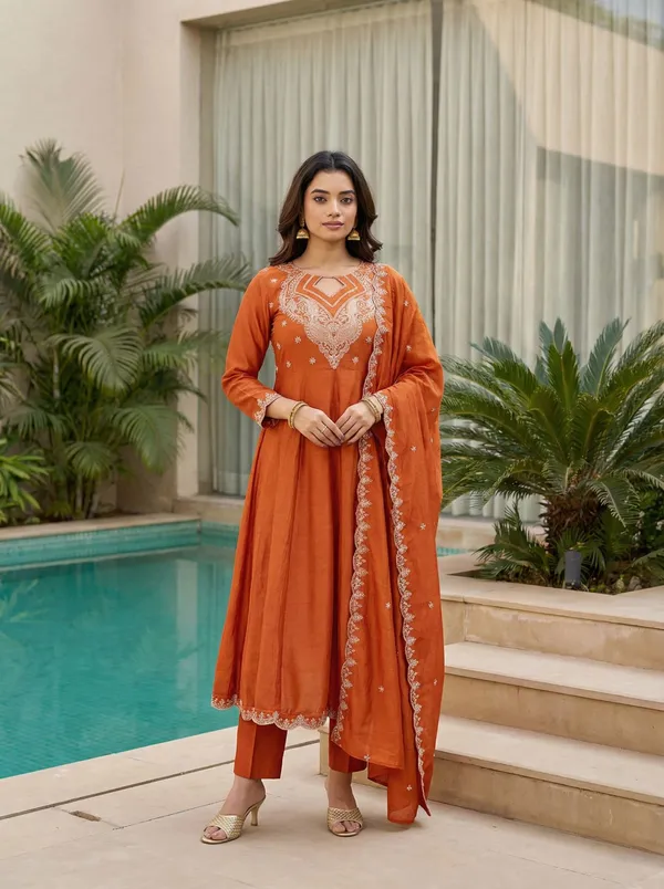 Orange_Cotton_Blend_A-Line_Zari_Embroidered_Kurta_Set_For_Women