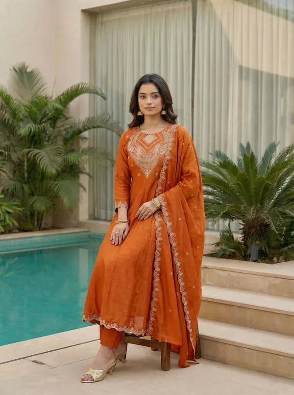 Orange_Cotton_Blend_A-Line_Zari_Embroidered_Kurta_Set_For_Women