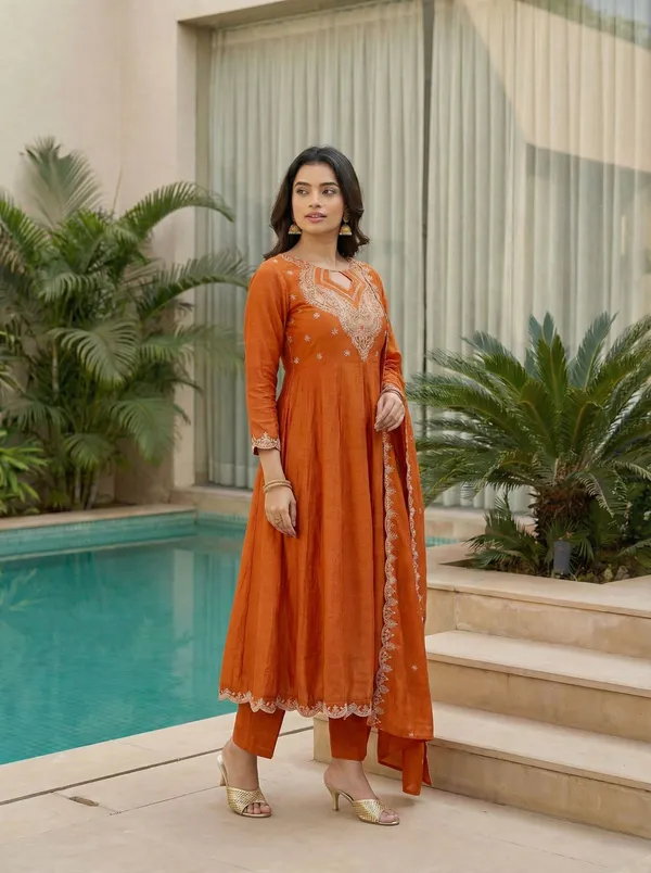 Orange_Cotton_Blend_A-Line_Zari_Embroidered_Kurta_Set_For_Women